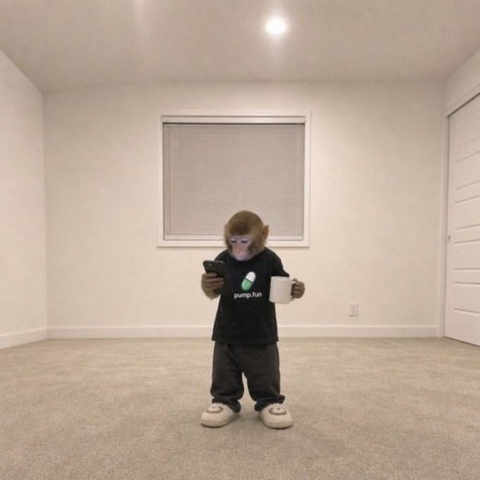 A small monkey wearing a black 'pump.fun' t-shirt, gray pants, and slippers stands in an empty room while looking at a smartphone and holding a white mug.