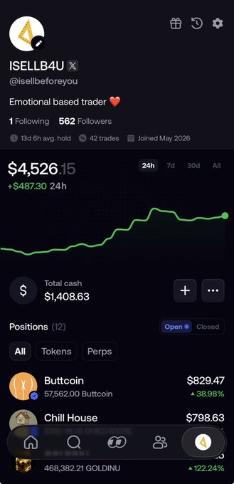 This image shows a trading portfolio where "Buttcoin" ($829.47, 38.98% gain) has surpassed "Chill House" ($798.63) in value, fitting the user's post about "buttcoin has overtaken my chillhouse position".