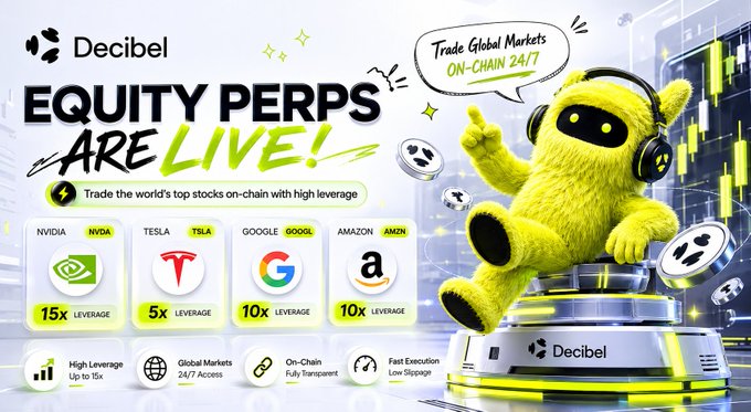 A yellow robot with a green head and arms, wearing headphones, stands on a silver base against a white background, accompanied by text promoting equity perps and the Decibel logo.