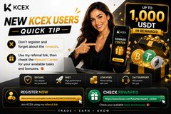 The image is a promotional banner for "KCEX Users Quick Tip" featuring a woman pointing to a referral program offering up to 1,000 USDT in rewards, with registration and check rewards buttons visible at the bottom. The post about Russia's new crypto law relates to the KCEX platform's encouragement for users to register and trade, as the exchange likely supports Russian retail crypto trading under the new regulated framework.