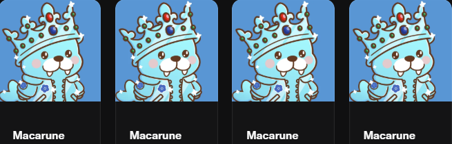 Four identical cartoon blue bear characters wearing crowns are displayed with the label 'Macarune' beneath each.