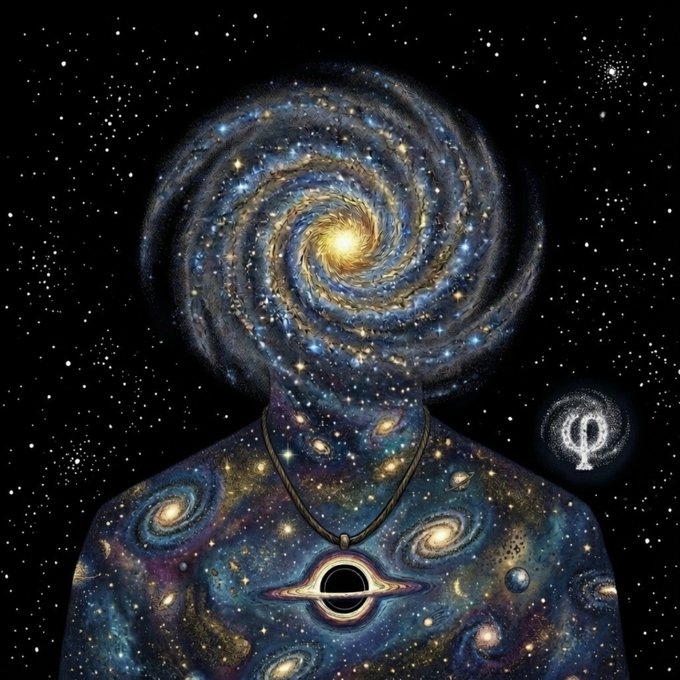 A surreal digital artwork depicting a humanoid figure whose head and body are composed of a swirling galaxy with stars and nebulae, wearing a pendant with a black hole design, against a starry space background.