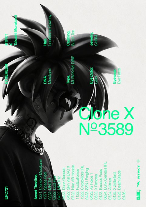 A detailed character design sheet labeled 'Clone X N°3589' by RTFKT, featuring an anime-style figure in grayscale with green text overlays describing various components like hair, clothing, jewelry, and an asset timeline.