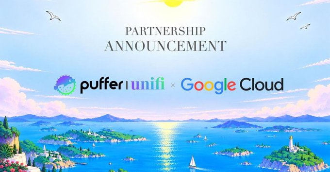 A bright illustration announcing a partnership between 'puffer unifi' and 'Google Cloud', displayed over a colorful coastal scene with islands and seagulls under a sunlit sky.