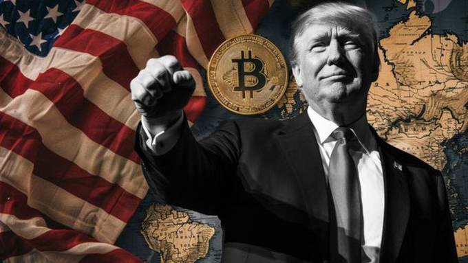 This image depicts Donald Trump with the American flag and a Bitcoin symbol, relating to the post's discussion of $TRUMP memecoin regulatory risks.
