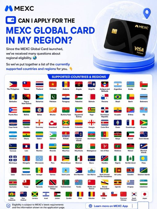 A MEXC infographic titled 'CAN I APPLY FOR THE MEXC GLOBAL CARD IN MY REGION?' displaying a Visa Platinum card and flags of supported countries and regions including The Philippines, Taiwan, Thailand, Vietnam, and Japan.