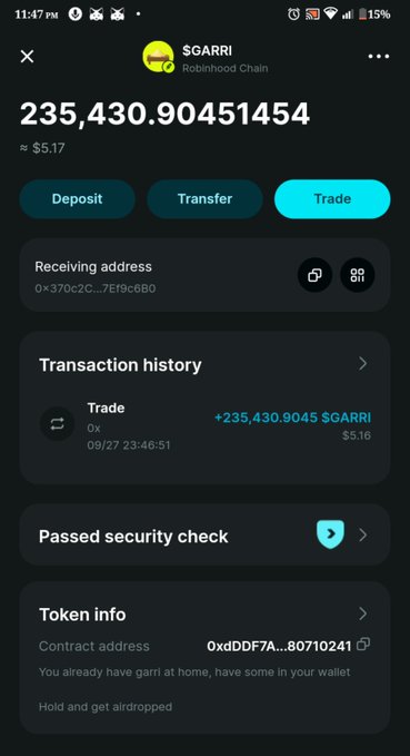 A screenshot of a Robinhood Chain wallet showing a balance of 235,430.90451454 $GARRI tokens (approximately $5.17), with options to Deposit, Transfer, or Trade and details about the token's contract address.