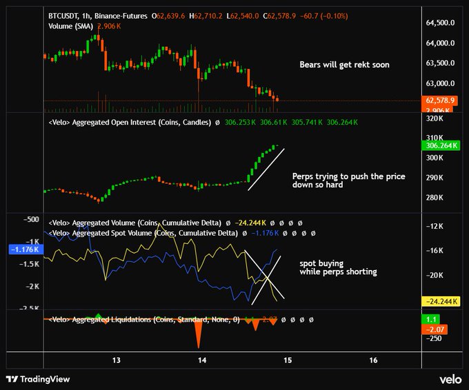 A TradingView chart of BTCUSDt on Binance Futures shows a recent bearish price action to 62,578.9 alongside rising aggregated open interest and a diverging Spot CVD (blue line recovering while Perps CVD yellow line drops), annotated to suggest spot buyers are absorbing perp short-sellers and that bears are likely to be squeezed on a significant move.