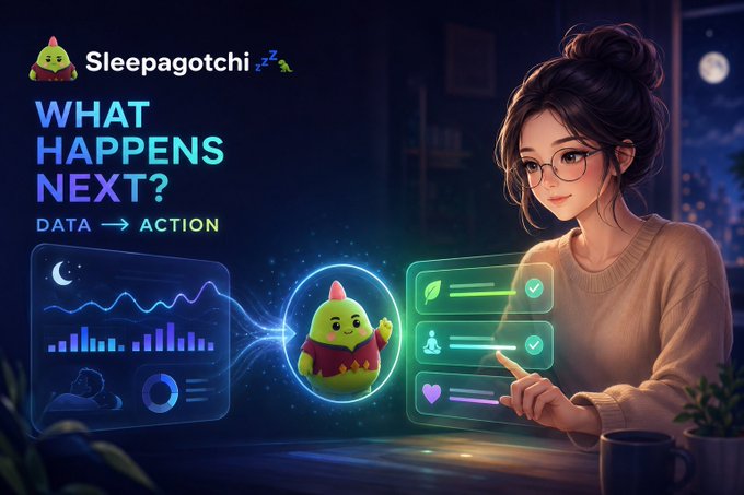 A promotional graphic for 'Sleepagotchi' displays the text 'WHAT HAPPENS NEXT? DATA → ACTION' and shows an illustrated woman interacting with a digital dashboard featuring a green cartoon character.