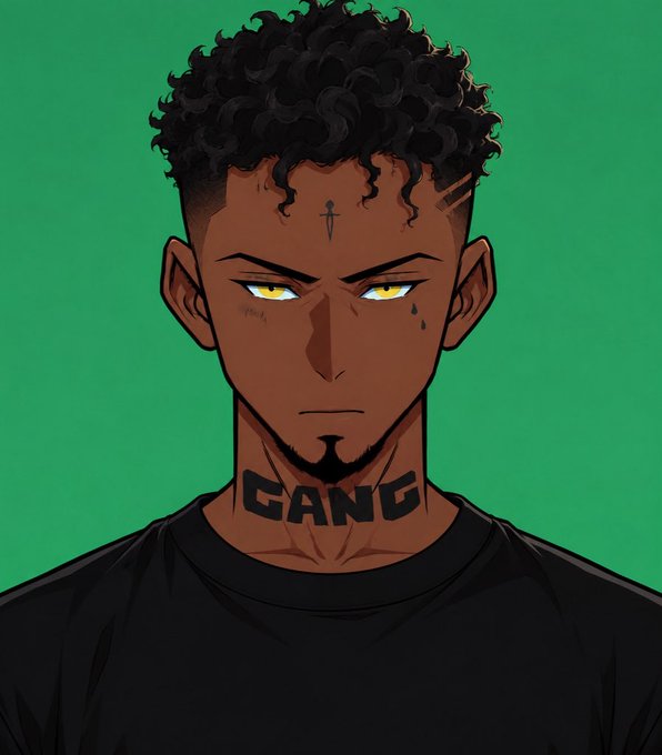 An illustrated character with curly hair, yellow eyes, a cross marking, and "GANG" tattooed across his neck, wearing a black shirt against a green background.