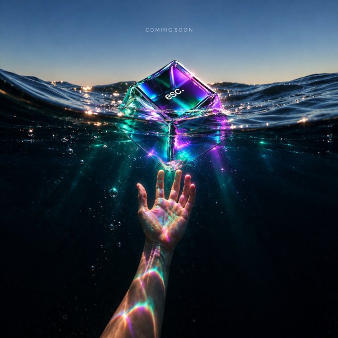 A "Coming Soon" promotional image showing an iridescent crystal labeled "eSC" floating above dark ocean water, with a hand reaching up toward it from below the surface, casting rainbow light reflections.