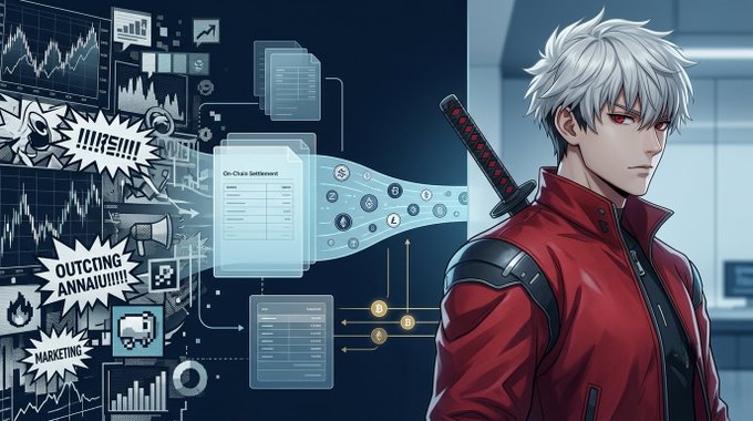 An anime-style illustration of a silver-haired character with red eyes in a red jacket holding a sword, alongside graphics showing stock charts and text bubbles reading '!!!!RE!!!!!', 'OUTCING ANNAUI!!!', and 'MARKETING'.