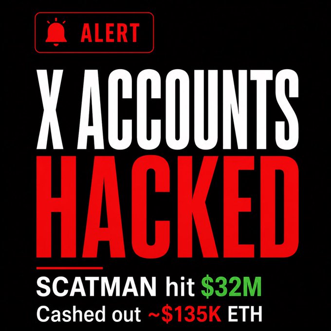 A red "ALERT" banner accompanies bold white and red text reading "X ACCOUNTS HACKED," with smaller text noting "SCATMAN hit $32M, Cashed out ~$135K ETH." The graphic visually summarizes the social media breach, highlighting that SpaceX and Starlink's X accounts were hijacked to promote the SCATMAN memecoin, which reached a $32M market cap before the hacker cashed out approximately $135K in Ethereum.