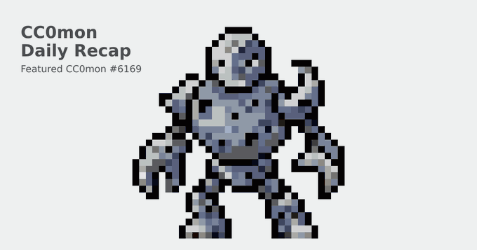A 'CC0mon Daily Recap' featuring a pixel art monster character (#6169) with a blue, rocky, muscular body and clawed hands on a light background.
