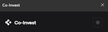 A dark-themed UI mockup showing "Co-Invest" branding with toggle controls for a sun/brightness icon.