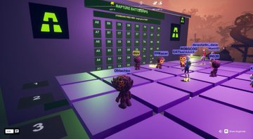 Screenshot from a virtual 3D environment showing avatars gathered on a glowing purple grid platform near a large digital leaderboard displaying 'A A'.