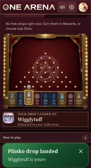 A screenshot of a 'ONE ARENA' mobile game showing a Plinko board where a ball landed on the $20 Card, resulting in the capture of 'Wigglytuff', with a green banner reading 'Plinko drop landed'.