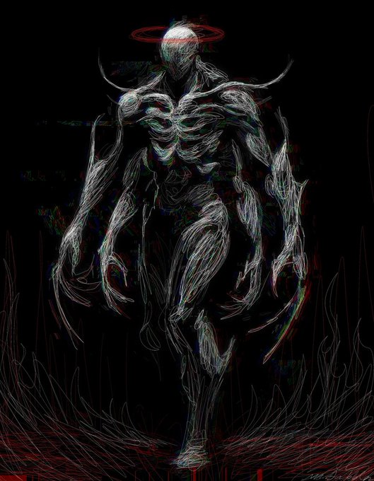 A dark, eerie digital artwork depicts a skeletal, demonic figure with a halo, featuring twisted sinew textures and a glitch art aesthetic against a black background.