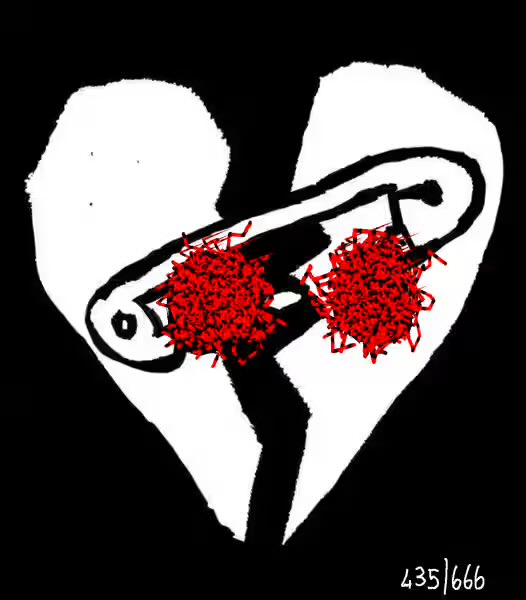 A black and white drawing depicts a safety pin stuck through a broken heart, with red scribbles on both sides of the pin, numbered '435|666' in the corner.