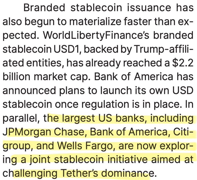 A text excerpt discussing branded stablecoin developments, highlighting WorldLibertyFinancial's USD1 reaching a $2.2 billion market cap and announcing that JPMorgan Chase, Bank of America, Citigroup, and Wells Fargo are exploring a joint stablecoin initiative to challenge Tether's dominance. The highlighted portion emphasizes the collaboration among major U.S. banks, aligning with the post's claim about their coordinated effort against Tether.