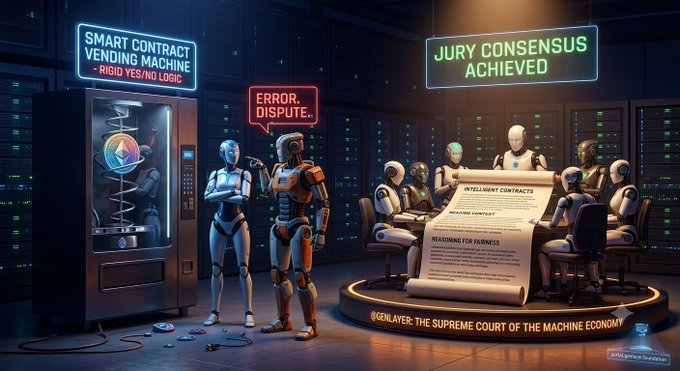 An AI-generated image depicting 'GenLayer: The Supreme Court of the Machine Economy,' featuring robots at a 'Smart Contract Vending Machine' and a 'Jury Consensus Achieved' panel.