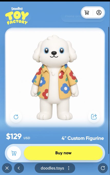This image showcases a 4" Custom Figurine from "Doodles Toy Factory" for $129 USD, which is featured in the accompanying post praising the quality and promotional value of Doodles' products.