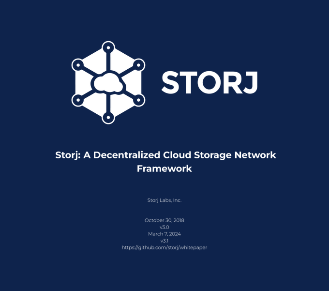 Cover page of the Storj whitepaper titled 'Storj: A Decentralized Cloud Storage Network Framework' by Storj Labs, Inc., dated October 30, 2018, with version v3.1 from March 7, 2024.