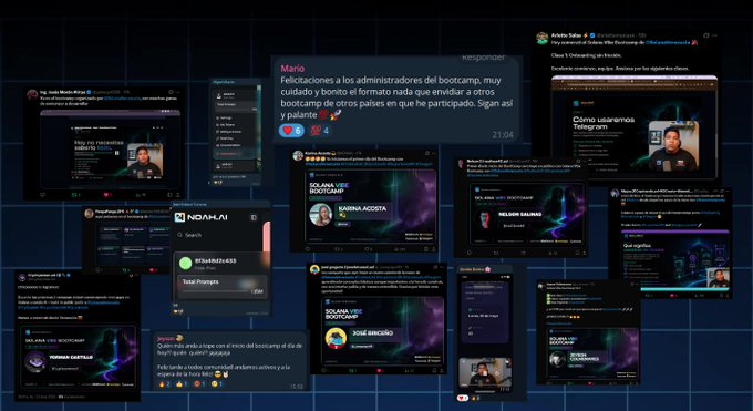 The image features an array of social media posts, including photos and text, all related to the Solana Vibe Bootcamp. The posts are arranged in a grid format with various sizes and orientations, showcasing different aspects of the boot camp's activities or discussions. Some posts include mentions of people like @solana, @solana_vibe, and @solana_bootcamp, indicating that these individuals have been involved in the boot camp experience. The posts also contain text elements such as "Las vibras venezolanas en @solana están activas", which translates to "The sun is shining on the social media posts". This suggests a positive atmosphere and engagement surrounding the Solana Vibe Bootcamp, with people actively participating in or discussing its content.