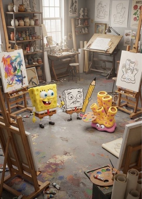 A 3D-rendered art studio scene shows SpongeBob SquarePants standing next to a grumpy sketchbook character and a pink character made of pencils, surrounded by easels and paint supplies.