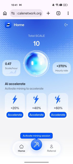 A mobile app screenshot for scalenetwork.org showing a "Total SCALE" of 10 with a mining rate of 0.47 Scale/hour and +370% hourly rate, offering "AI accelerate" options for +20%, +40%, and +60%.