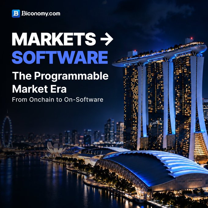 A Biconomy.com advertisement titled 'MARKETS → SOFTWARE: The Programmable Market Era' with the tagline 'From Onchain to On-Software', set against a nighttime cityscape featuring the Marina Bay Sands hotel in Singapore.