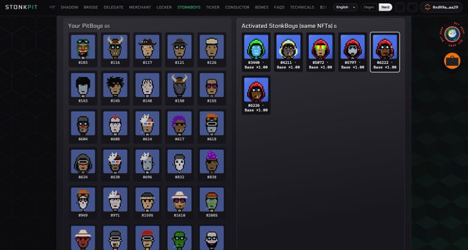 A screenshot of the StoNPiT website showing the 'Your PitBoys' inventory and 'Activated StoNkBoys' collection interface with various NFT character cards.
