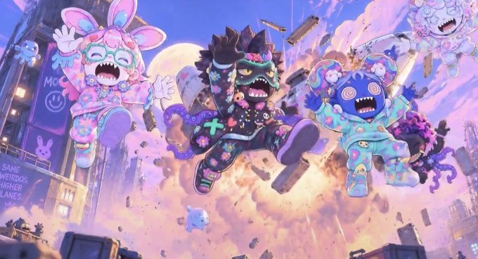 Colorful animated artwork featuring three stylized characters in pastel pajamas joyfully jumping amid an explosion in a cityscape.