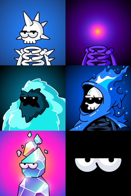 A 3x2 grid of stylized, cartoonish skeleton characters with sunglasses, featuring a white skeleton on blue, a purple meditating skeleton, a blue yeti, a blue water elemental, and a rainbow crystal character against a black background.