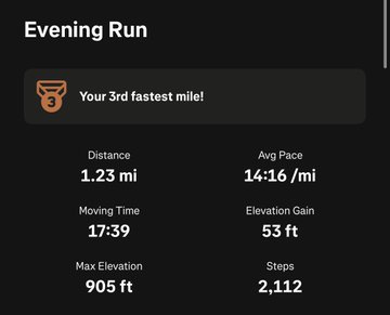 An 'Evening Run' fitness summary on a dark interface shows 1.23 mi distance, 14:16/mi avg pace, 17:39 moving time, 53 ft elevation gain, 905 ft max elevation, 2,112 steps, and a '3rd fastest mile!' achievement.