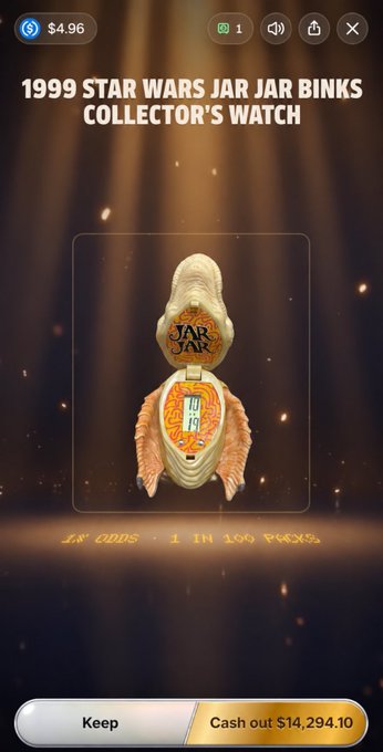 A screenshot of a mobile app or game displays a rare 1999 Star Wars Jar Jar Binks collectible watch with the text "18'000s 1 IN 100 PACKS" and a cash-out option of $14,294.10.