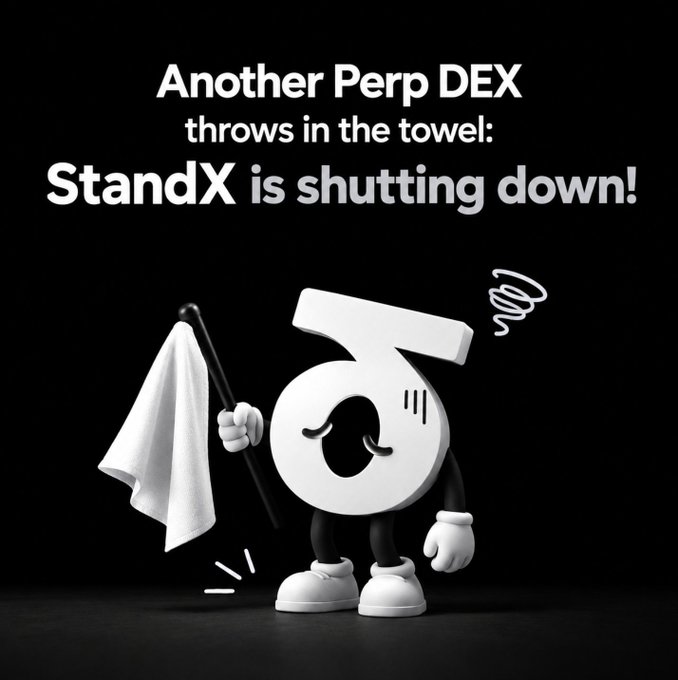 A 3D-rendered cartoon character shaped like the number "5" holds a white towel like a surrender flag, with text reading "Another Perp DEX throws in the towel: StandX is shutting down!"