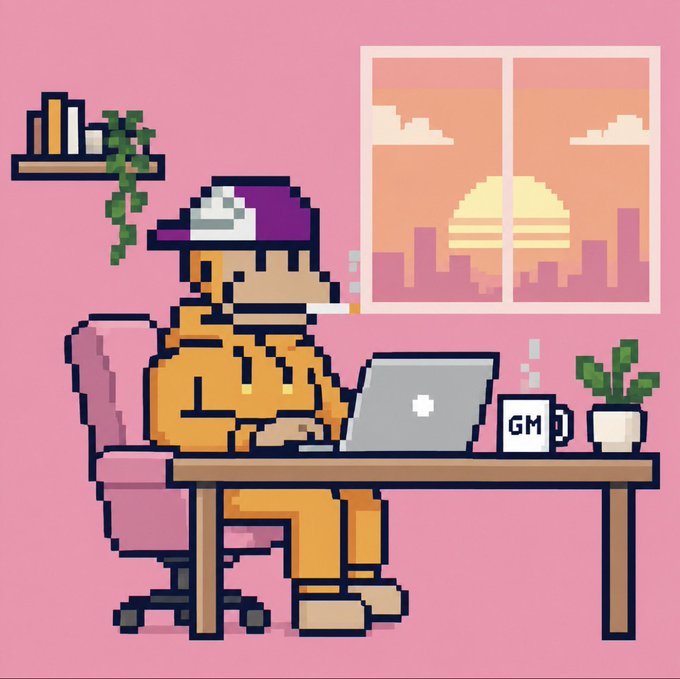 Pixel art illustration of a person wearing a purple cap and orange outfit sitting at a desk working on a laptop with a 'GM' mug, overlooking a sunset cityscape through a window.