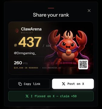 ClawArena share rank screen showing rank #437 for @Drmgaming_ with 260 PTS, featuring a red crab character and options to copy link or post on X.
