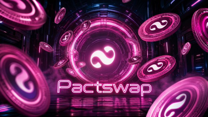 A futuristic pink neon-lit scene displays the "Pactswap" logo surrounded by floating branded coins, visually reinforcing the post's message of streamlined, native-asset cross-chain swaps without the complexity of bridges or wrappers. The vibrant, tech-forward aesthetic emphasizes speed, simplicity, and innovation in decentralized trading.