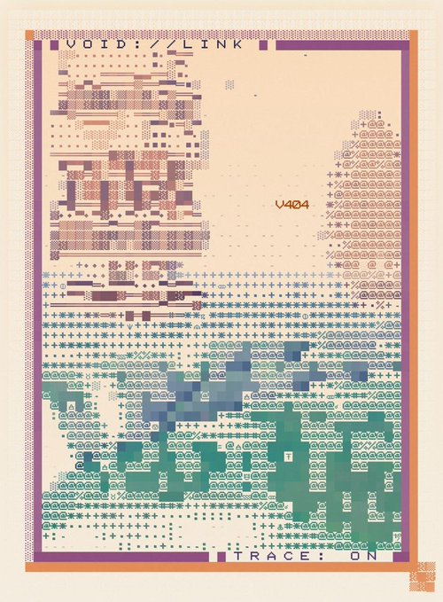A piece of ASCII art or pixel art depicting a landscape with water, sky, and possibly a whale, framed by purple borders containing the text 'VOID://LINK' at the top and 'TRACE: ON' at the bottom.