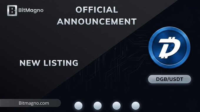 An official announcement banner from BitMagno announcing a new listing for DGB/USDT, with Bitmagno.com displayed at the bottom.