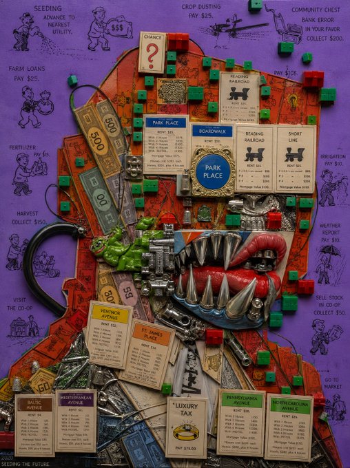 An elaborate, dark-themed Monopoly board artwork with a central skull and money motif, surrounded by properties like 'PARK PLACE', 'BOARDWALK', and 'READING RAILROAD', accented with sculpted bills and metal teeth.