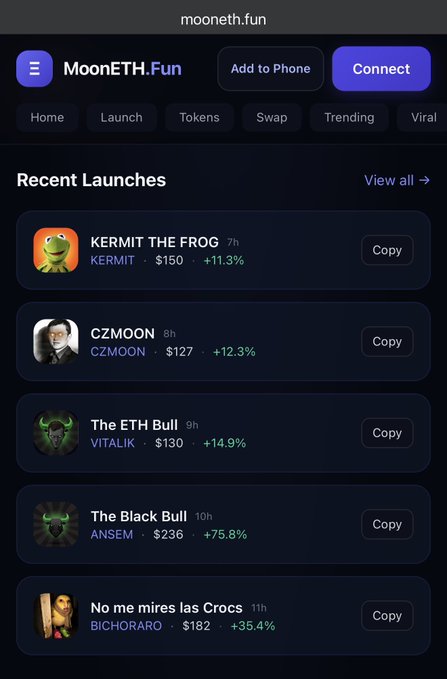 Screenshot of mooneth.fun website showing recent token launches including KERMIT THE FROG ($150, +11.3%), CZMOON ($127, +12.3%), The ETH Bull/VITALIK ($130, +14.9%), The Black Bull/ANSEM ($236, +75.8%), and No me mires las Crocs/BICHORARO ($182, +35.4%).