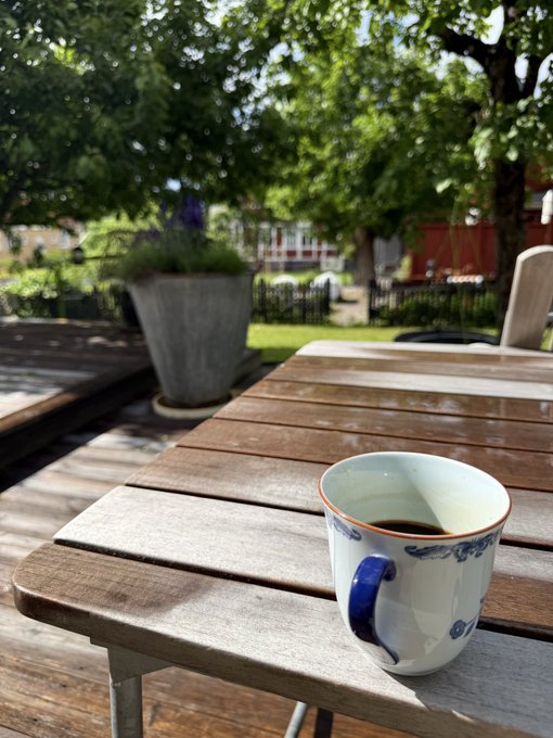 A ceramic mug with a blue handle and floral design sits on a wooden table filled with coffee, set against a sunny outdoor backdrop of greenery and trees. The image perfectly captures a peaceful "GM" (good morning) moment, inviting followers to start their day with a warm cup just like this one.