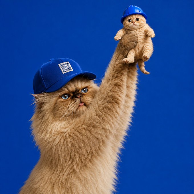 A fluffy cat wearing a blue baseball cap with a QR code holds up a kitten wearing a small blue hard hat against a bright blue background.