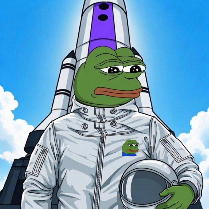 A cartoon of Pepe the Frog dressed as an astronaut in a white spacesuit, holding a helmet with a rocket ship behind him.