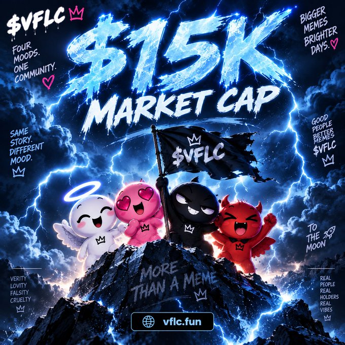 A promotional graphic celebrates '$15K MARKET CAP' for the $VFLC meme token, featuring four cartoon characters (angel, pink heart, black ninja, red devil) on a mountain peak with lightning, and text including 'FOUR MOODS. ONE COMMUNITY.' and 'vflc.fun'.