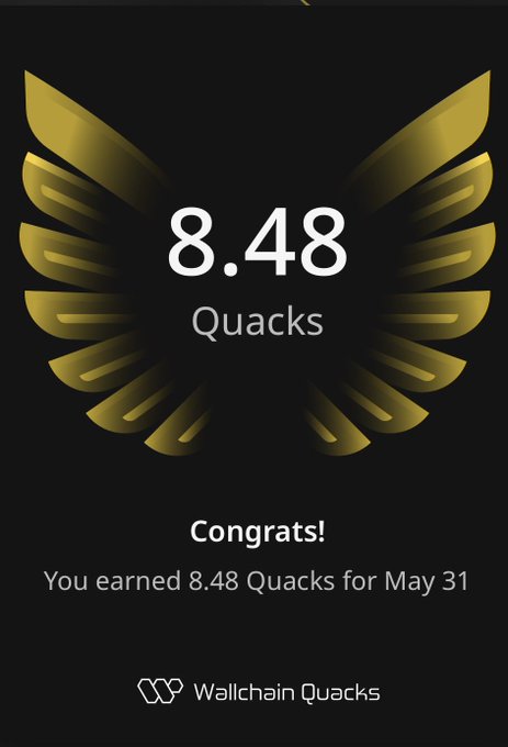 The image shows an email from Wallchain Quacks, congratulating users for earning 8.48 Quacks. The email also mentions that the user has earned these Quacks by May 31st. It highlights the user's achievement and encourages them to share their experience with others or use it as a way to climb the leaderboard in the Quackers community.
