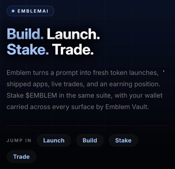 Dark interface for 'EMBLEMAI' displaying the headline 'Build. Launch. Stake. Trade.' along with descriptive text and action buttons.
